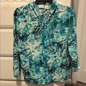 WEEKEND SALE! Weekends by Chico’s Teal and Black Patterned Zip-Up Hoodie- Size 2